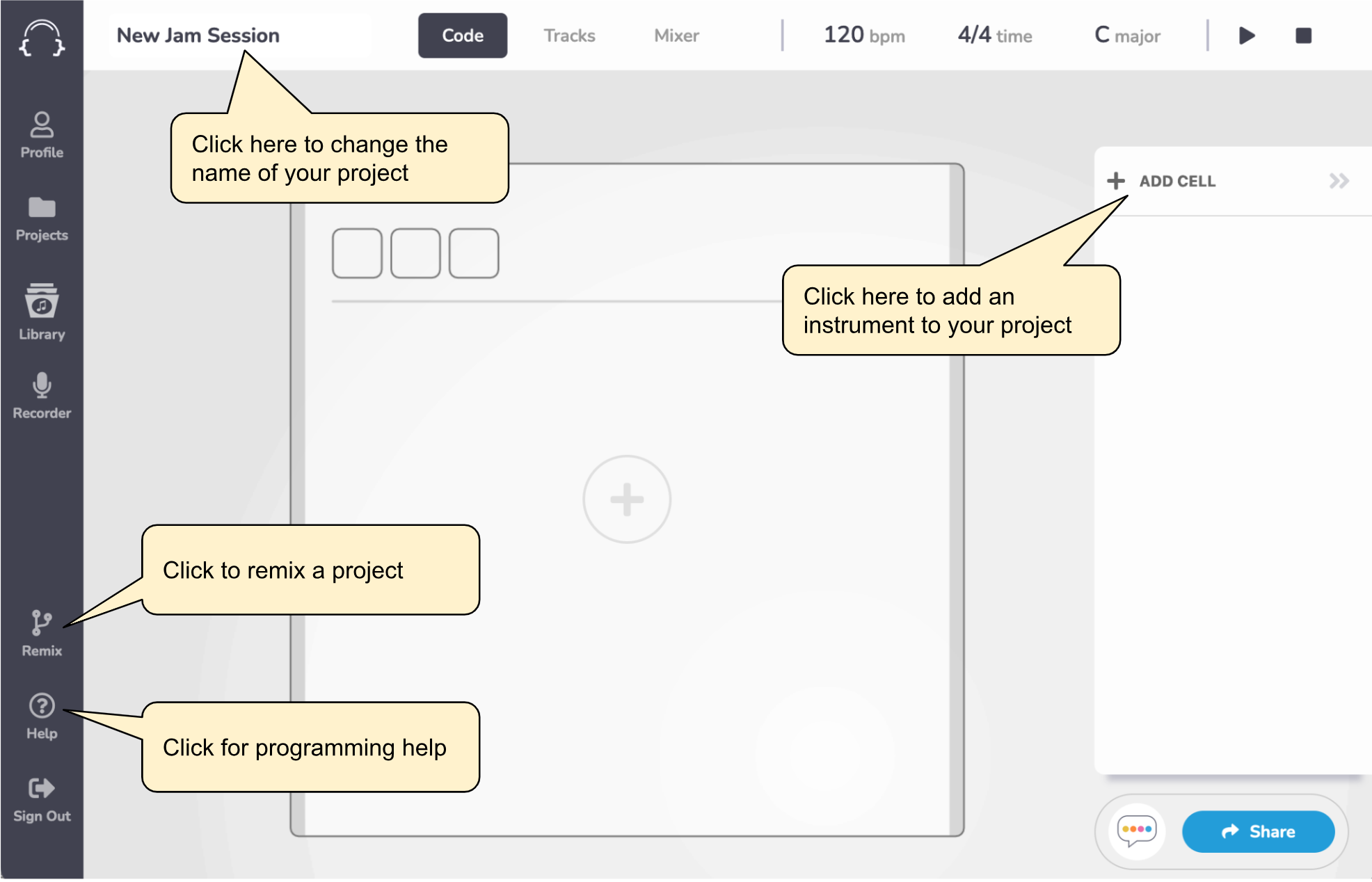 Screenshot of an empty TunePad project